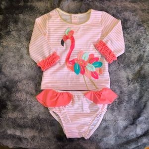 Baby Mud Pie NWOT Flamingo Swim Suit sz 9-12m Rash Guard Top